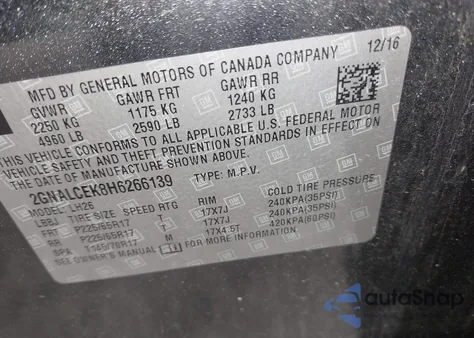 2017 Chevrolet Equinox Lt z USA, uszkodzony, nr VIN 2GNALCEK8H6266139